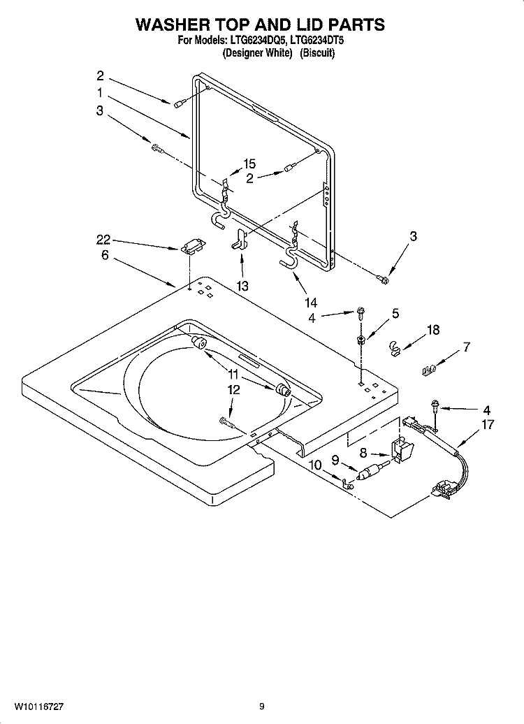 WASHER TOP AND LID PARTS Diagram and Parts List for LTG6234DQ5  Whirlpool Washer Dryer Combo