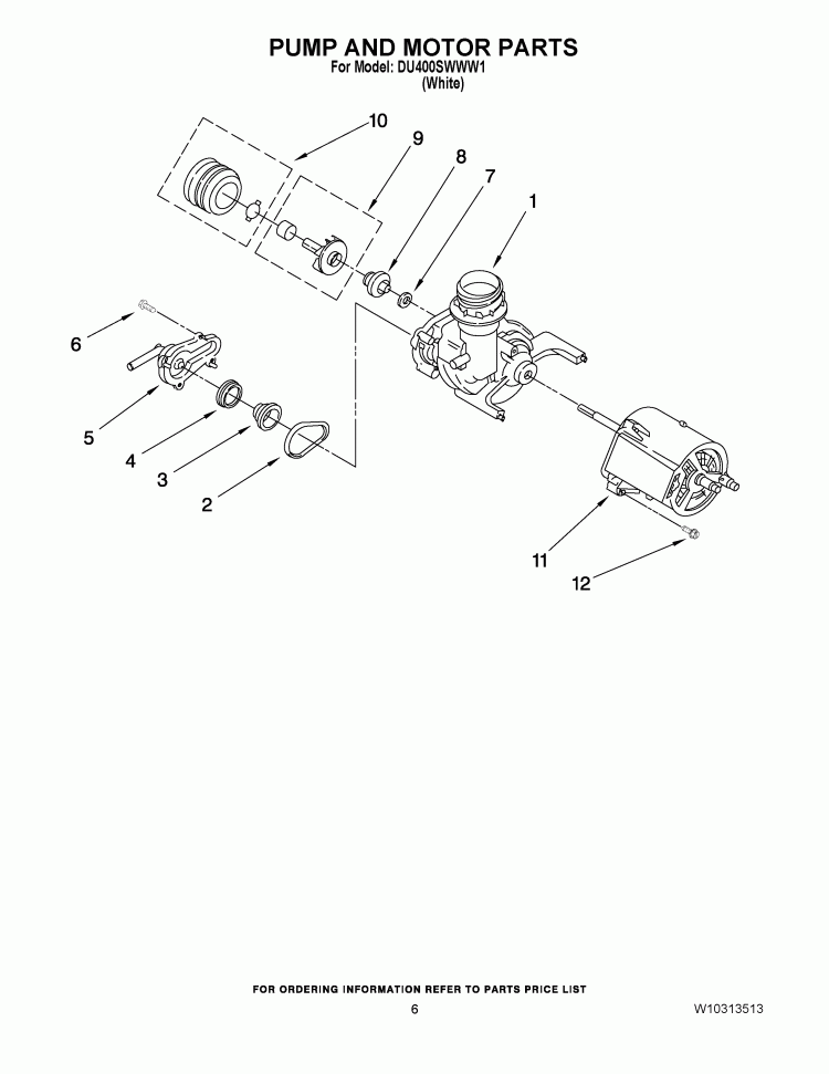 PUMP AND MOTOR PARTS Diagram and Parts List for DU400SWWW1  Whirlpool Dishwasher