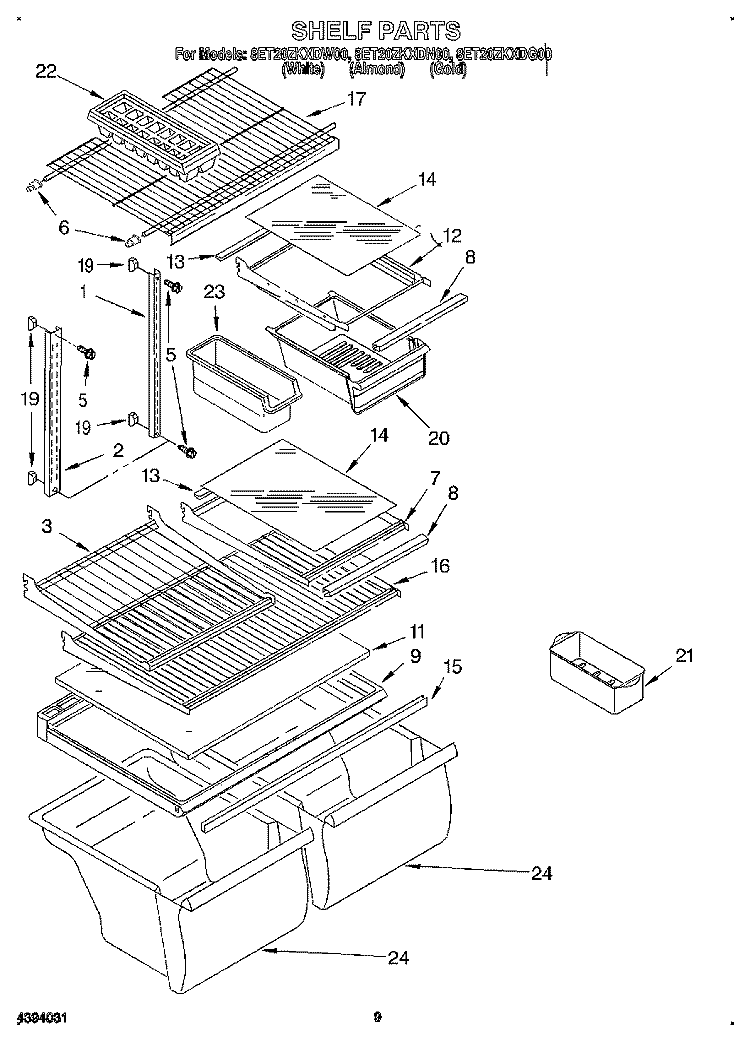 SHELF, LIT/OPTIONAL Diagram and Parts List for 8ET20ZKXDW00  Whirlpool Refrigerator