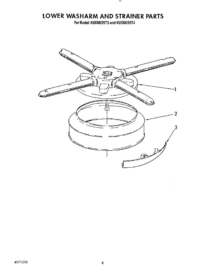 LOWER WASHARM AND STRAINER Diagram and Parts List for KUDM220T3  KitchenAid Dishwasher