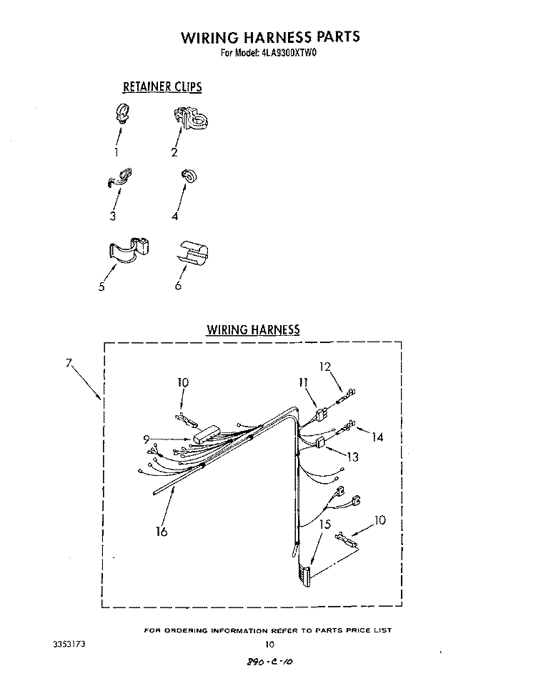WIRING HARNESS Diagram and Parts List for 4LA9300XTW0  Whirlpool Washer