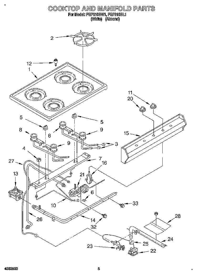 COOKTOP AND MANIFOLD, LIT/OPTIONAL Diagram and Parts List for FGP310BL1  Roper Range