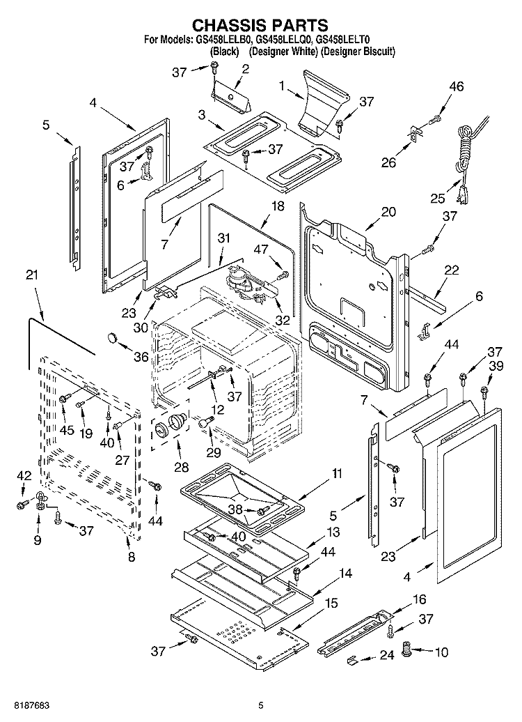 CHASSIS PARTS Diagram and Parts List for GS458LELB0  Whirlpool Range