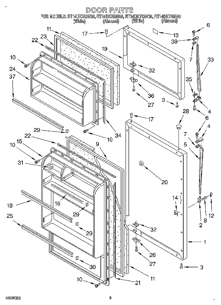 DOOR Diagram and Parts List for RT14DKYGW00  Roper Refrigerator