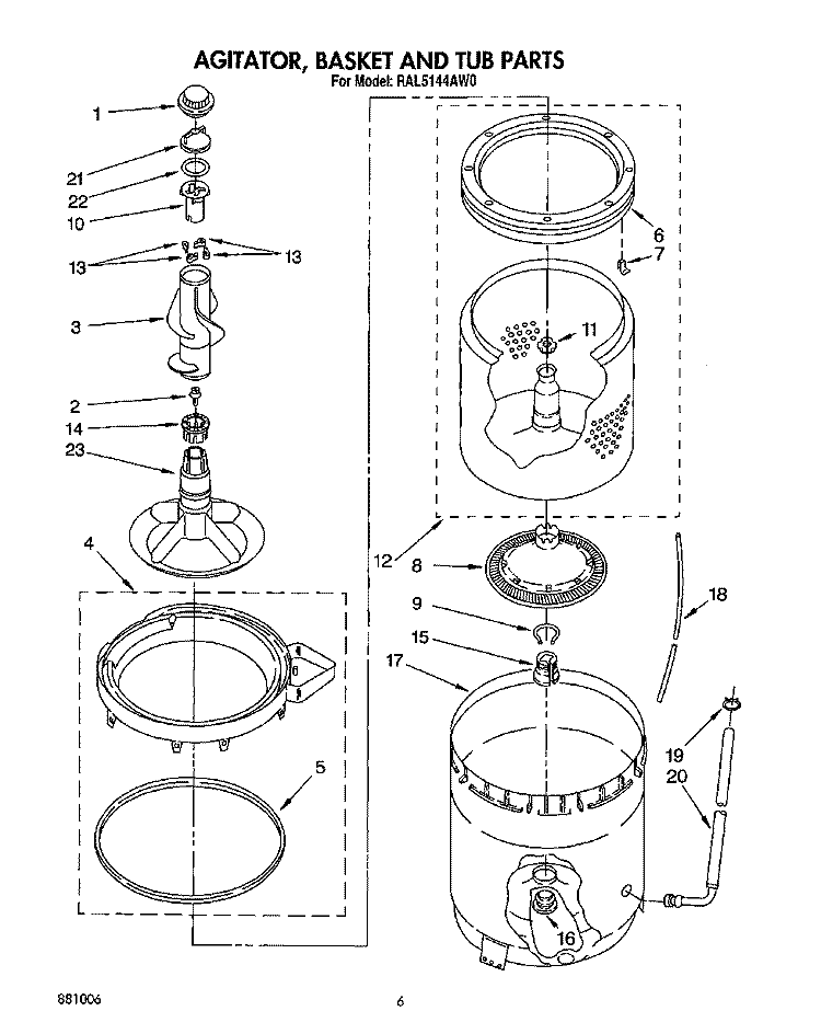 AGITATOR, BASKET AND TUB Diagram and Parts List for RAL5144AL0  Whirlpool Washer