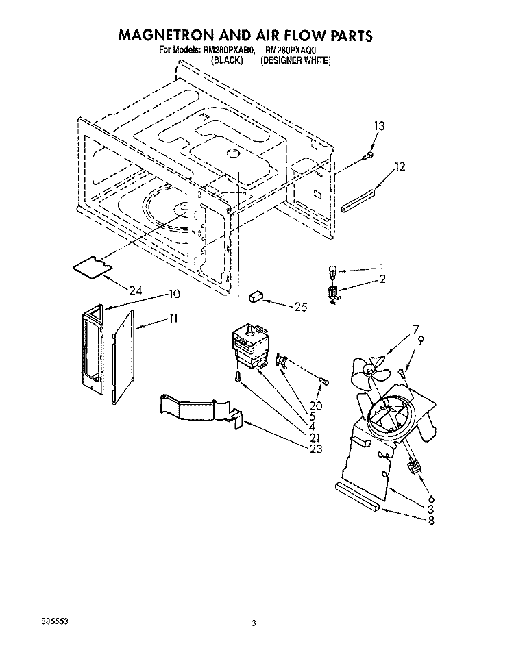MAGNETRON AND AIR FLOW Diagram and Parts List for RM280PXAQ0  Whirlpool Wall Oven