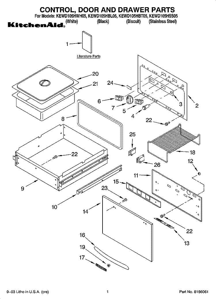 CONTROL, DOOR AND DRAWER PARTS Diagram and Parts List for KEWD105HBL05  KitchenAid Warming Drawer