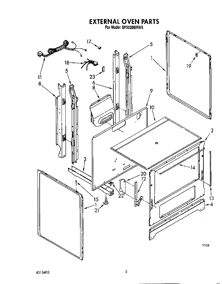 EXTERNAL OVEN Diagram and Parts List for SF302BERW5  Whirlpool Range