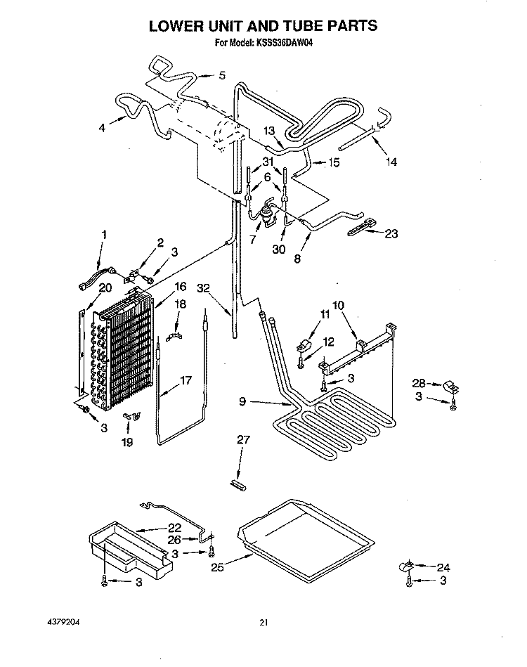 LOWER UNIT AND TUBE Diagram and Parts List for KSSS36DAW04  KitchenAid Refrigerator