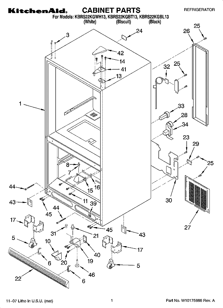 CABINET PARTS Diagram and Parts List for KBRS22KGWH13  KitchenAid Refrigerator