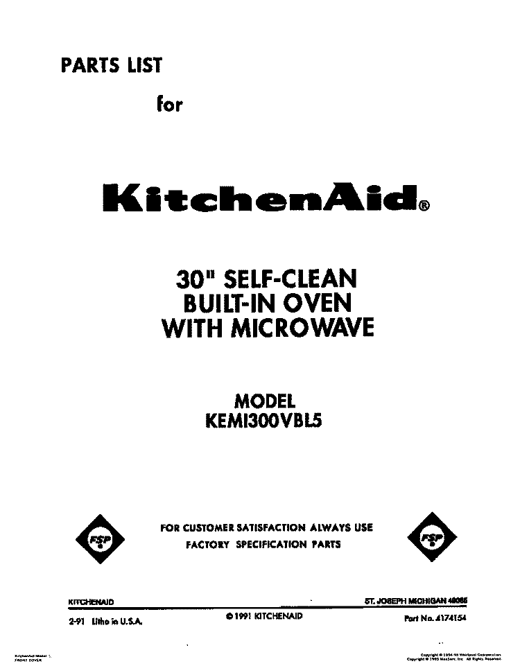 COVER Diagram and Parts List for KEMI300VBL5  KitchenAid Microwave Oven Combo
