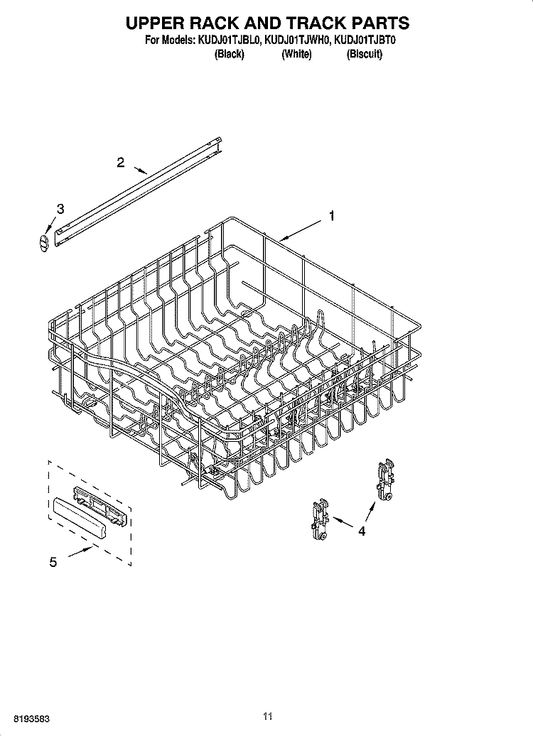 UPPER RACK AND TRACK PARTS Diagram and Parts List for KUDJ01TJWH0  KitchenAid Dishwasher
