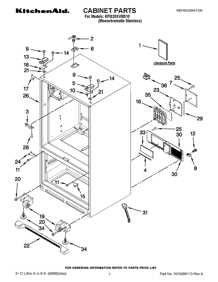 CABINET PARTS Diagram and Parts List for KFIS20XVMS10  KitchenAid Refrigerator