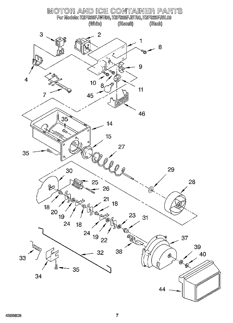 MOTOR AND ICE CONTAINER Diagram and Parts List for KSFS25FJBL00  KitchenAid Refrigerator