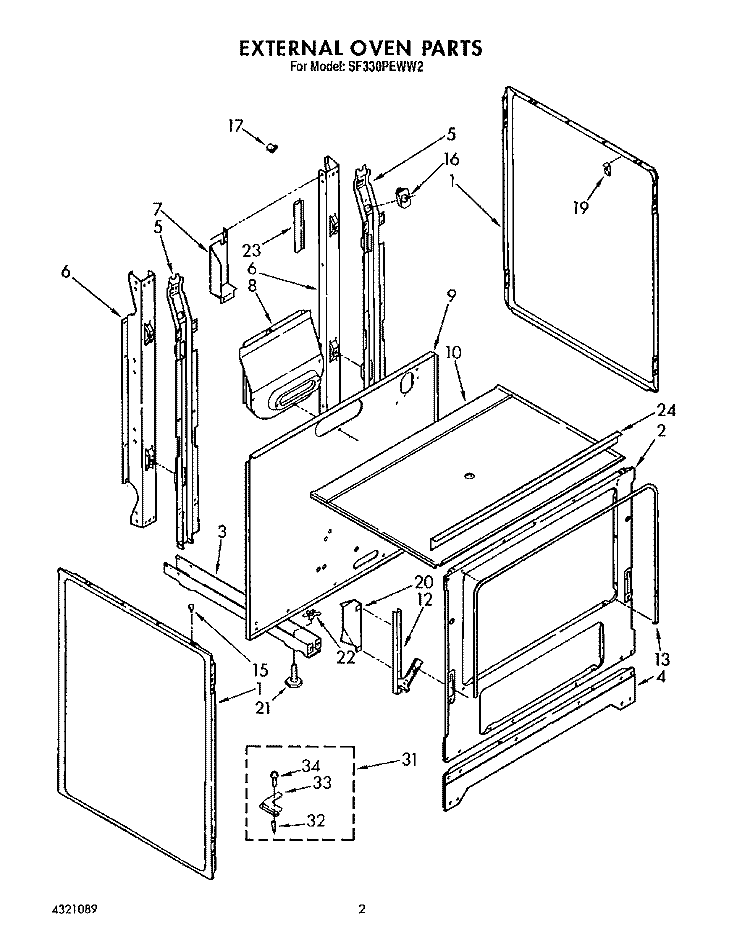 EXTERNAL OVEN Diagram and Parts List for SF330PEWW2  Whirlpool Range