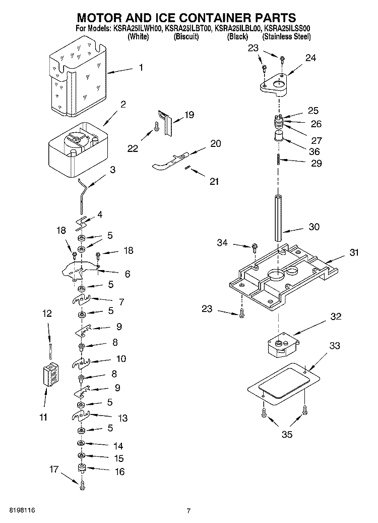 MOTOR AND ICE CONTAINER PARTS Diagram and Parts List for KSRA25ILWH00  KitchenAid Refrigerator