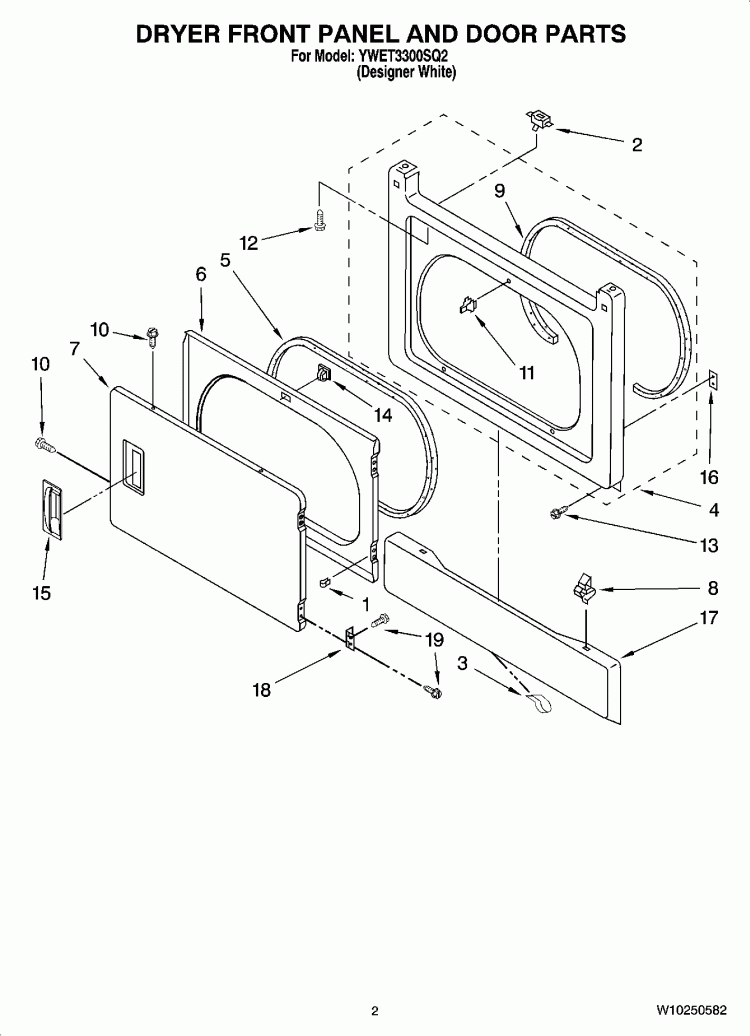 DRYER FRONT PANEL AND DOOR PARTS Diagram and Parts List for YWET3300SQ2  Whirlpool Washer Dryer Combo