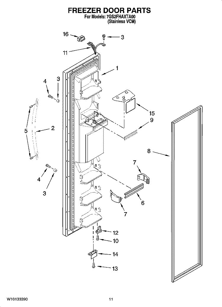 FREEZER DOOR PARTS Diagram and Parts List for 7GS2FHAXTA00  Whirlpool Refrigerator