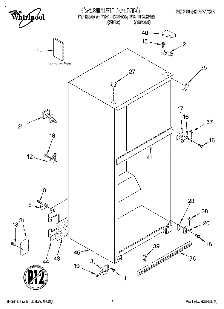 CABINET, LITERATURE Diagram and Parts List for ET21LKXHN00  Whirlpool Refrigerator