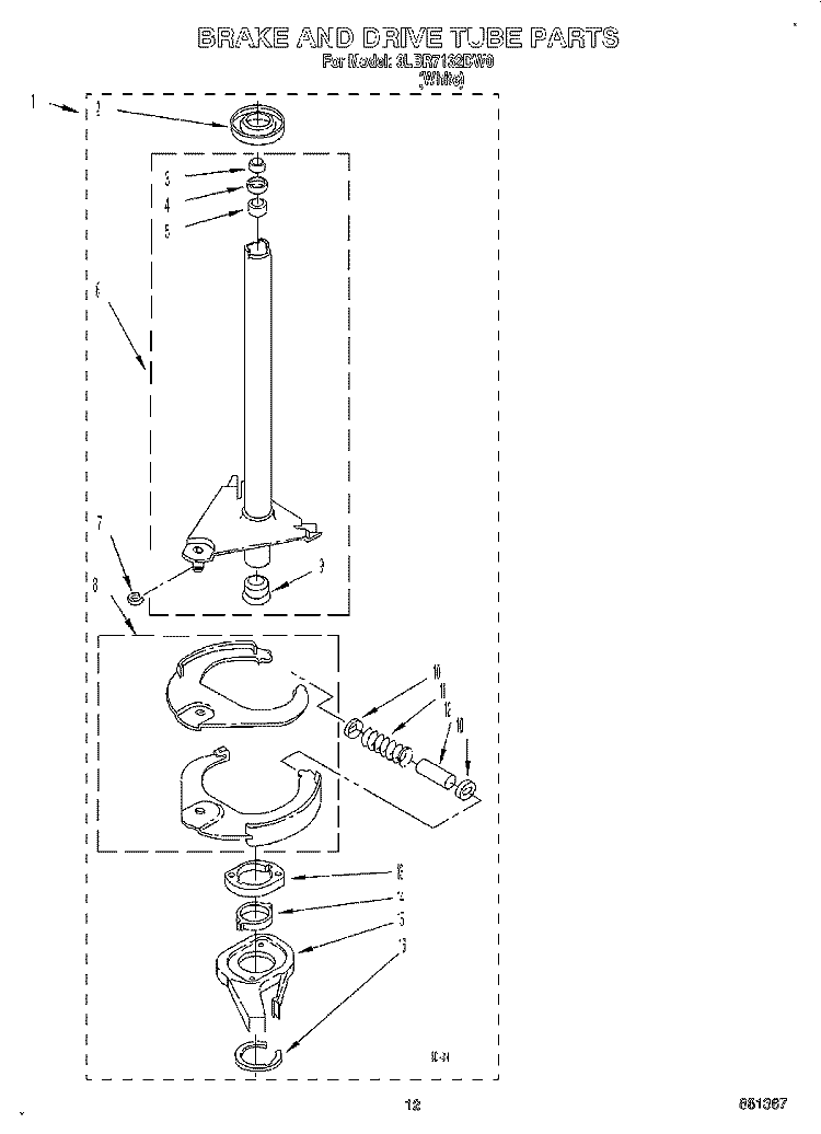 BRAKE AND DRIVE TUBE Diagram and Parts List for 3LBR7132DW0  Whirlpool Washer