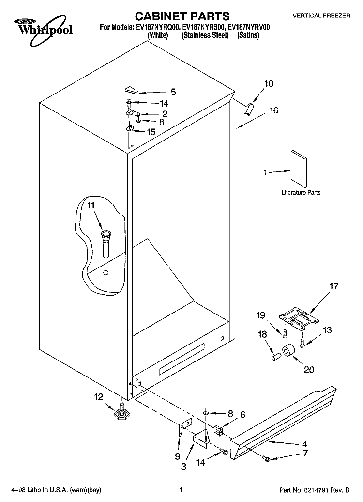 CABINET PARTS Diagram and Parts List for EV187NYRS00  Whirlpool Freezer