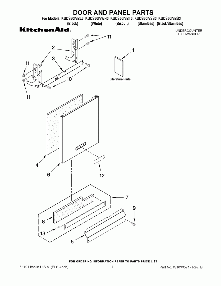 DOOR AND PANEL PARTS Diagram and Parts List for KUDS30IVBL3  KitchenAid Dishwasher
