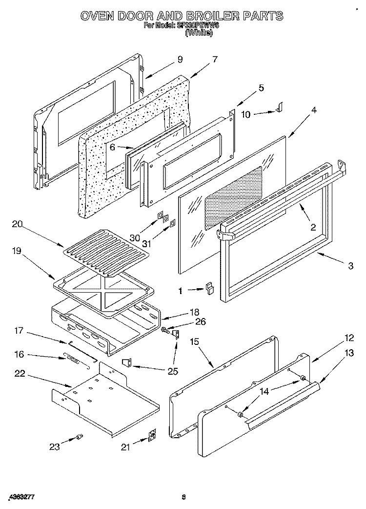 OVEN DOOR AND BROILER Diagram and Parts List for SF330PEWW6  Whirlpool Range