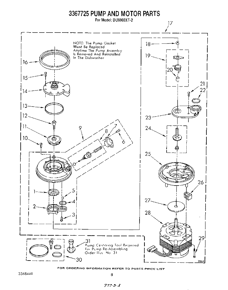 3367725 PUMP AND MOTOR Diagram and Parts List for DU8900XT2  Whirlpool Dishwasher