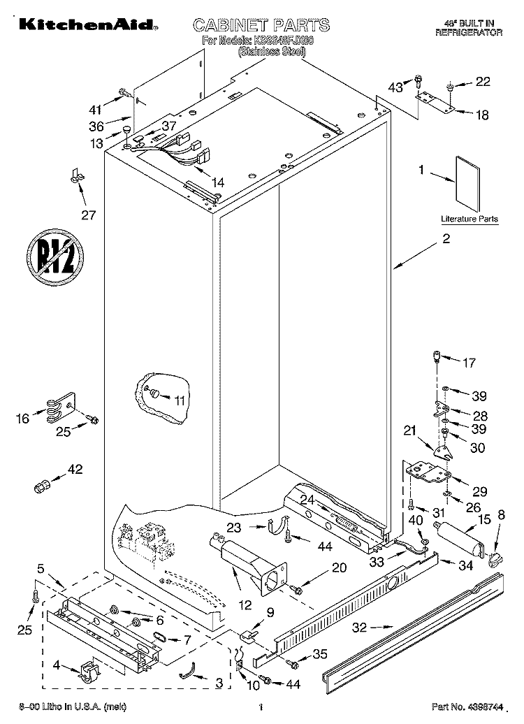 CABINET, LITERATURE Diagram and Parts List for KSSS48FJX00  KitchenAid Refrigerator