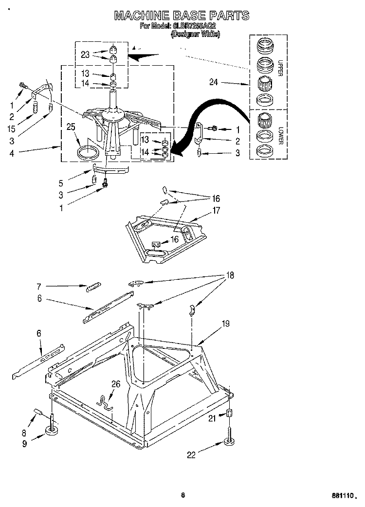 MACHINE BASE Diagram and Parts List for 6LBR7255AQ2  Whirlpool Washer