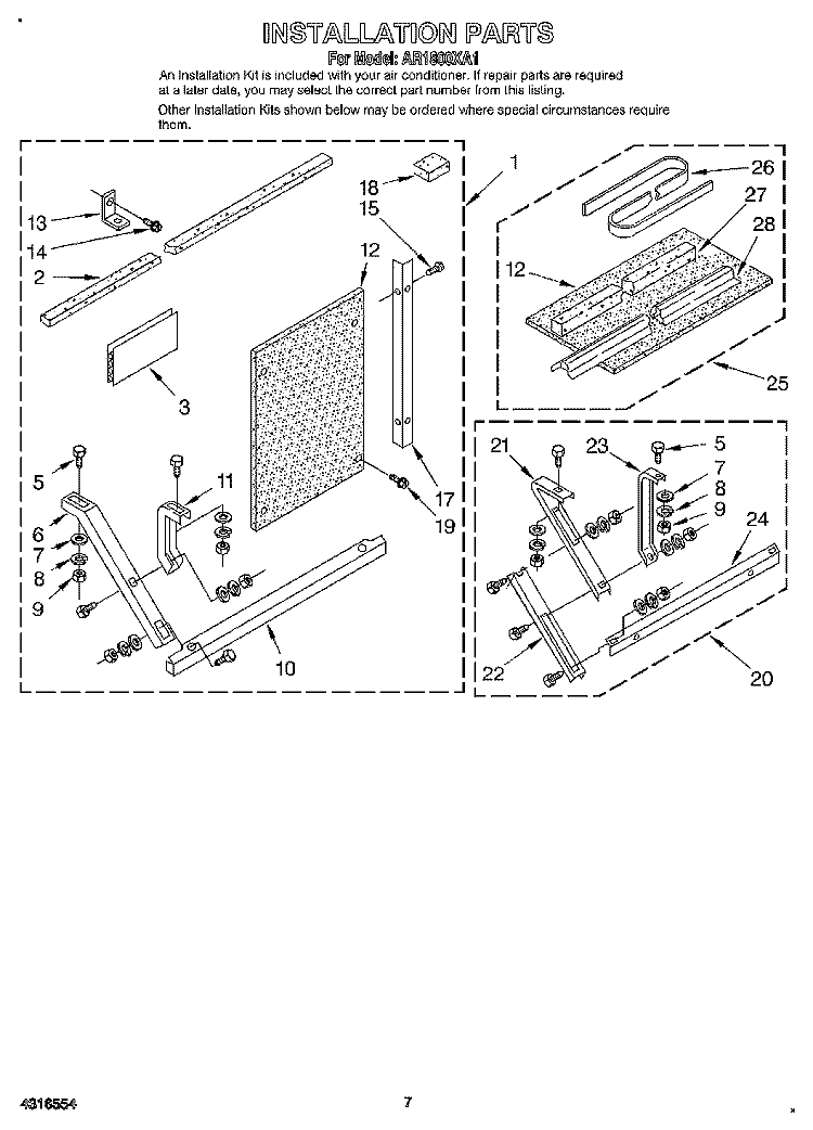 INSTALLATION Diagram and Parts List for AR1800XA1  Whirlpool Air Conditioner