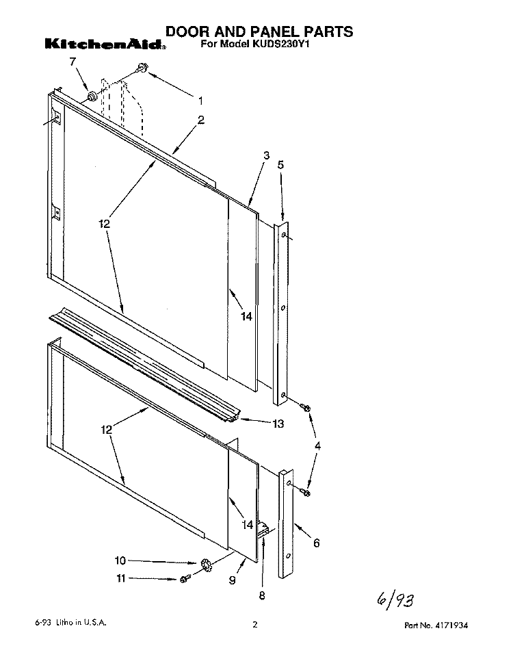 DOOR AND PANEL Diagram and Parts List for KUDS230Y1  KitchenAid Dishwasher