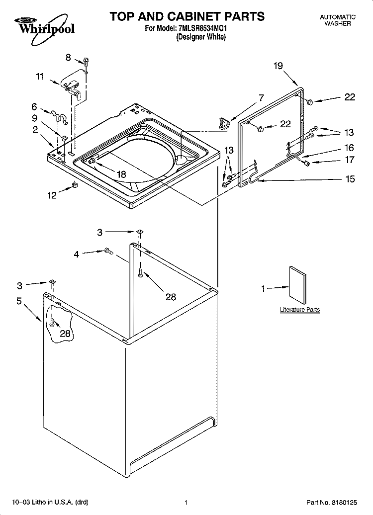 TOP AND CABINET PARTS Diagram and Parts List for 7MLSR8534MQ1  Whirlpool Washer
