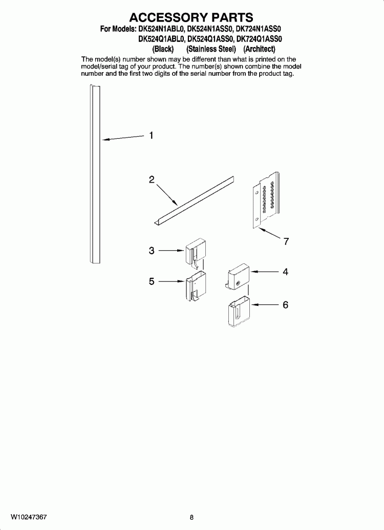 ACCESSORY PARTS Diagram and Parts List for DK524N1ABL0  Whirlpool Dishwasher