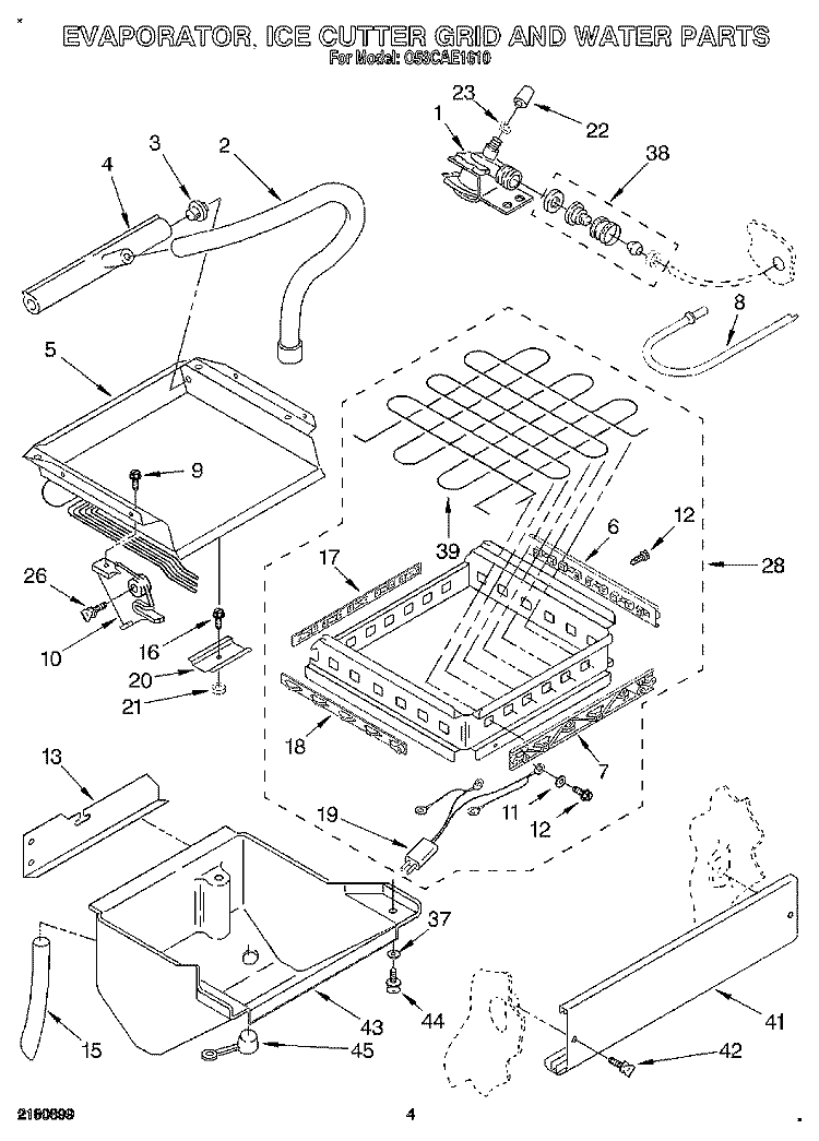 EVAPORATOR, ICE CUTTER GRID AND WATER Diagram and Parts List for O53CAE1610  Whirlpool Ice Maker