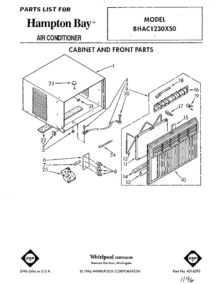 CABINET AND FRONT Diagram and Parts List for BHAC1230XS0  Whirlpool Air Conditioner