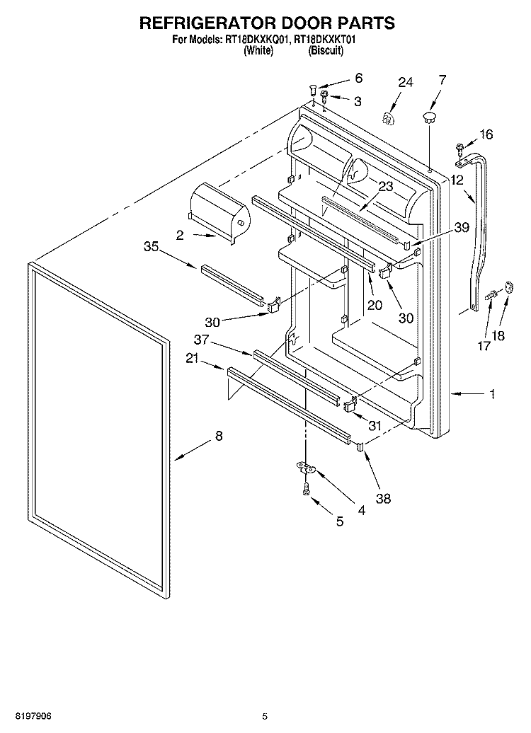 REFRIGERATOR DOOR Diagram and Parts List for RT18DKXKQ01  Roper Refrigerator
