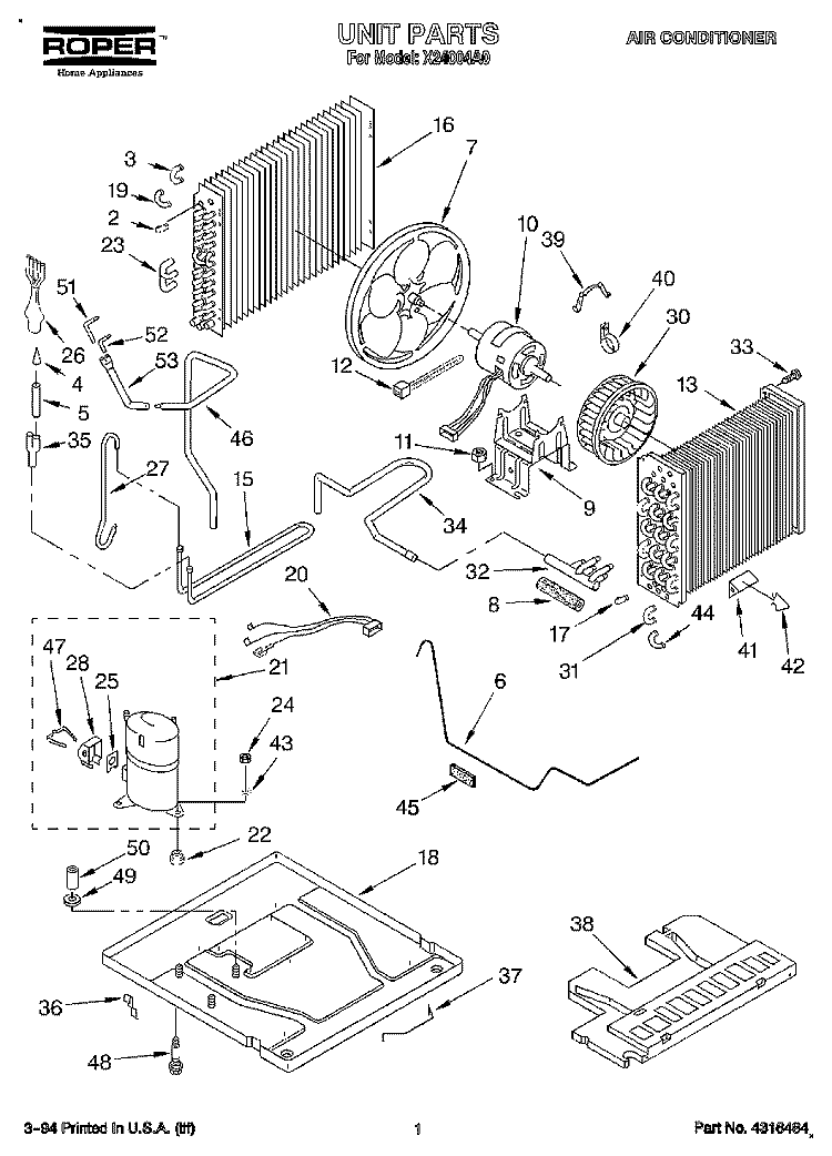 UNIT, LITERATURE Diagram and Parts List for X24004A0  Roper Air Conditioner