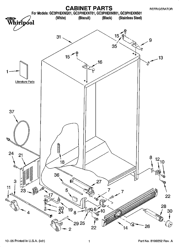 CABINET PARTS Diagram and Parts List for GC3PHEXNS01  Whirlpool Refrigerator