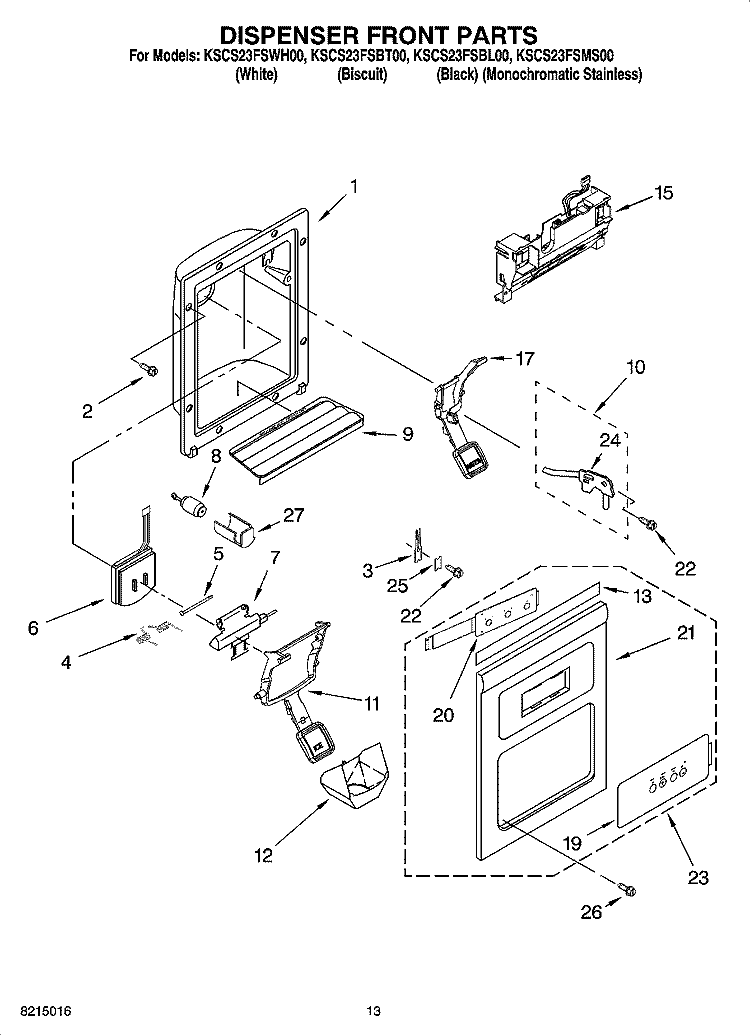 DISPENSER FRONT PARTS Diagram and Parts List for KSCS23FSBL00  KitchenAid Refrigerator