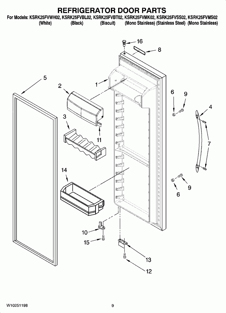 REFRIGERATOR DOOR PARTS Diagram and Parts List for KSRK25FVMK02  KitchenAid Refrigerator