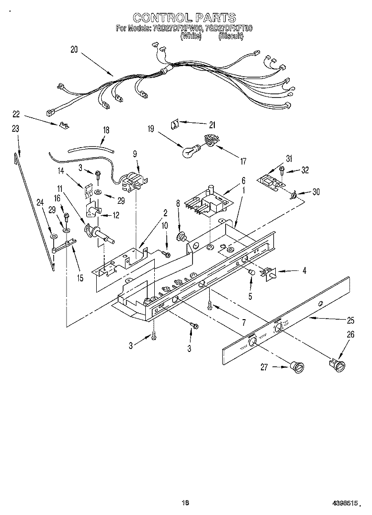 CONTROL Diagram and Parts List for 7GD27DFXFT00  Whirlpool Refrigerator