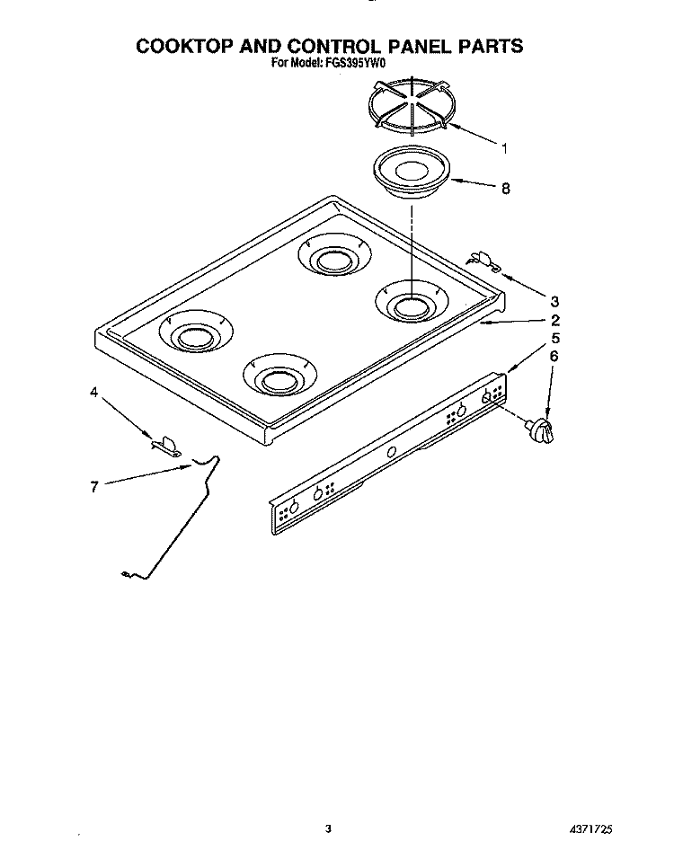 COOKTOP AND CONTROL Diagram and Parts List for FGS395YW0  Roper Range