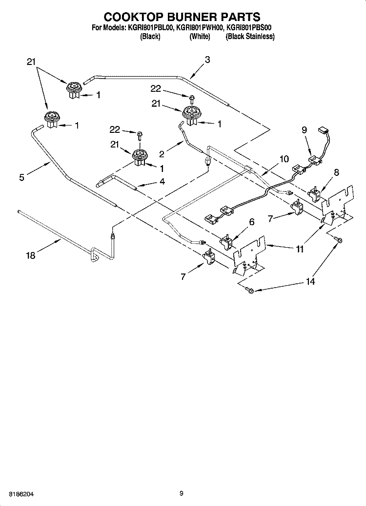 COOKTOP BURNER PARTS, OPTIONAL PARTS Diagram and Parts List for KGRI801PBL00  KitchenAid Range