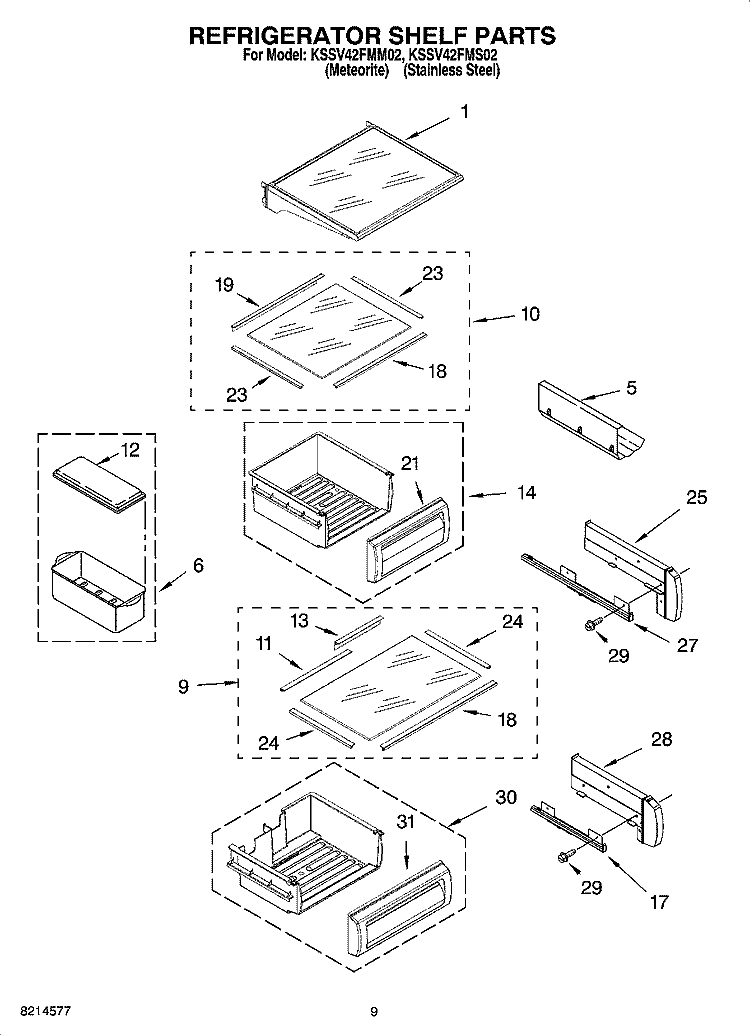 REFRIGERATOR SHELF PARTS Diagram and Parts List for KSSV42FMS02  KitchenAid Refrigerator