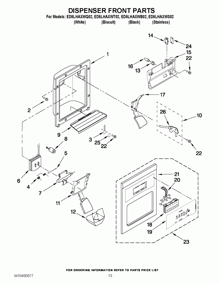 DISPENSER FRONT PARTS Diagram and Parts List for ED5LHAXWQ02  Whirlpool Refrigerator