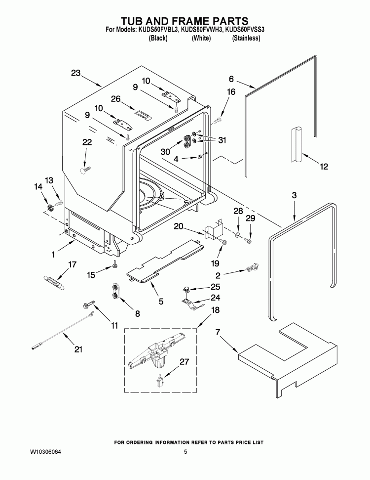 TUB AND FRAME PARTS Diagram and Parts List for KUDS50FVBL3  KitchenAid Dishwasher
