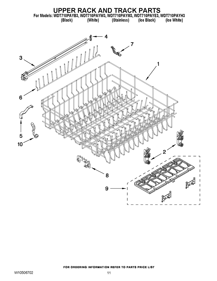 UPPER RACK AND TRACK PARTS Diagram and Parts List for WDT710PAYB3  Whirlpool Dishwasher