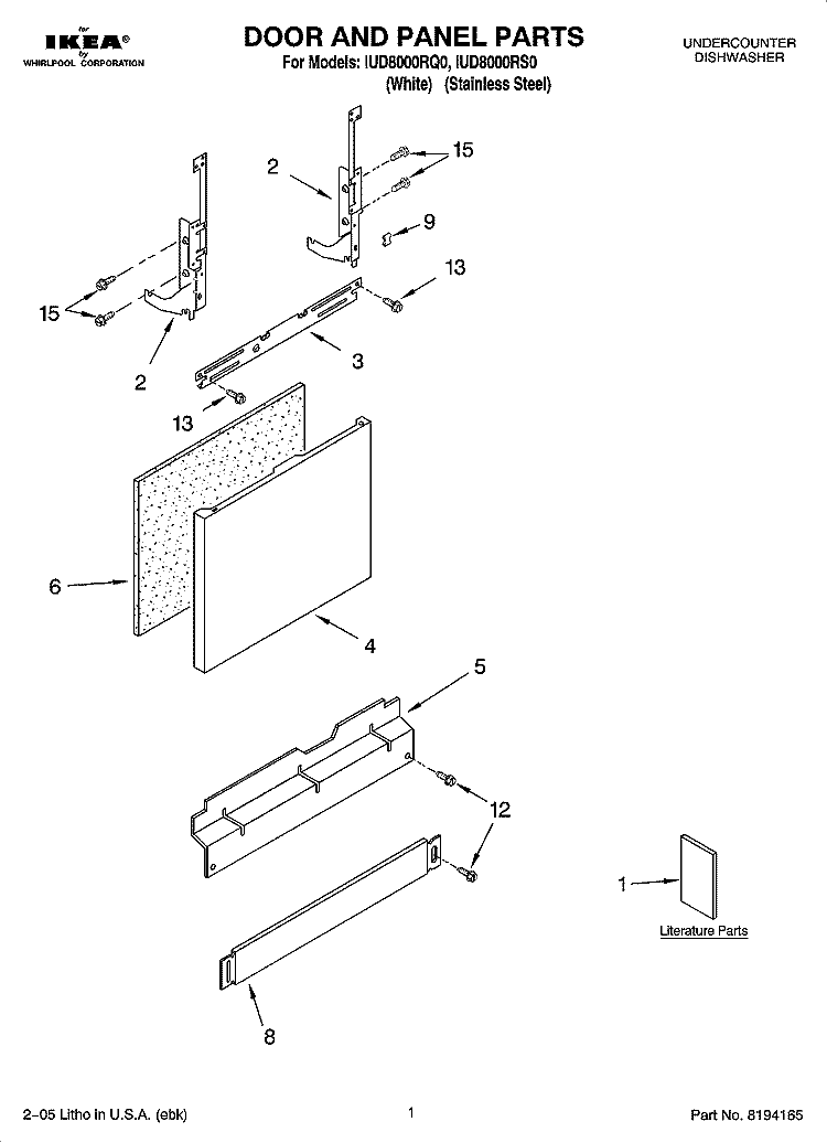 DOOR AND PANEL PARTS Diagram and Parts List for IUD8000RQ0  Whirlpool Dishwasher