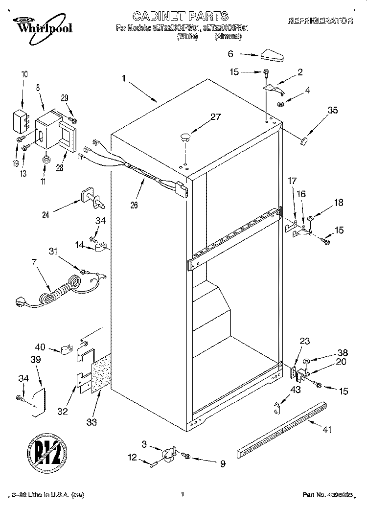 CABINET Diagram and Parts List for 3ET22DKXFW01  Whirlpool Refrigerator